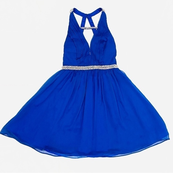 Minuet Royal Blue Cocktail Evening Halter Dress with Beaded Straps & Open Back - Picture 1 of 9